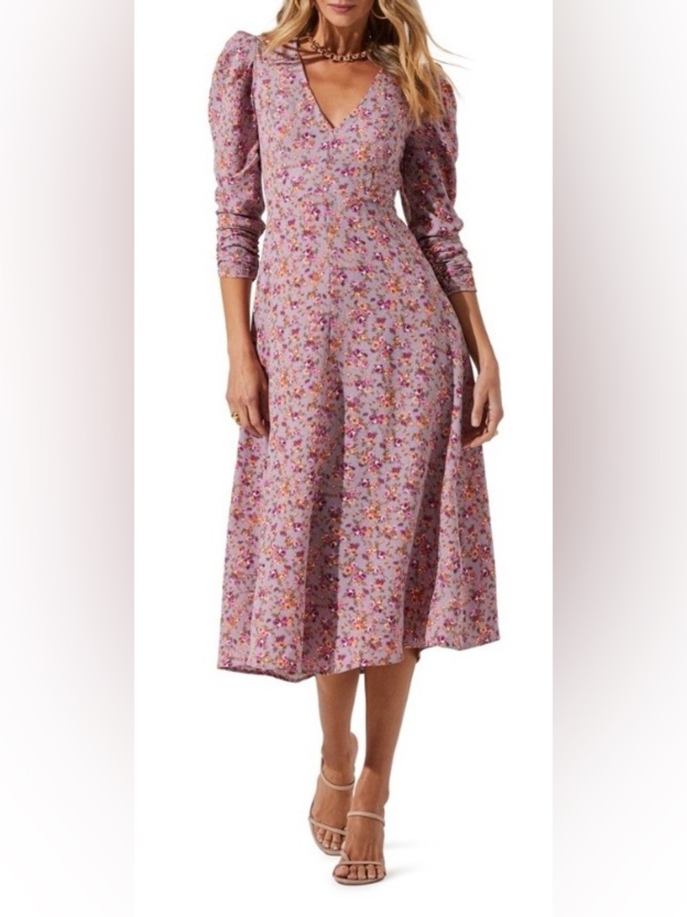 Astr Lavender Floral Midi Dress with Long Puff Sleeves